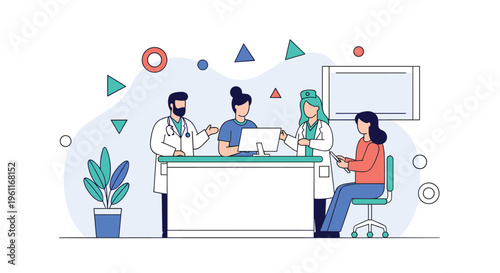 Diverse medical team of doctors and nurses working together around a desk in a modern hospital or clinic environment.