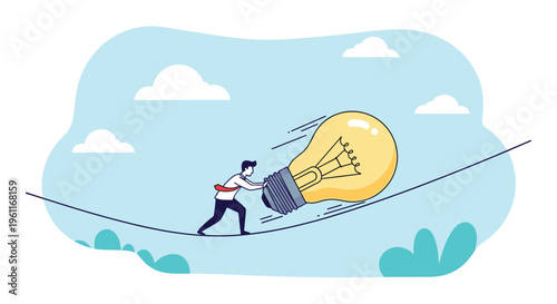 Determined businessman pushing a giant light bulb upward along a steep tightrope wire representing a difficult creative journey.