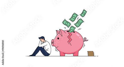 Sad businessman sitting on the floor next to a large broken pink piggy bank with money bills flying out representing financial loss.