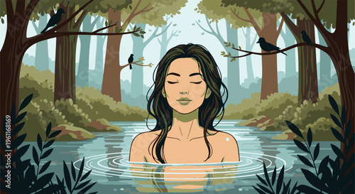 Woman meditating in a serene forest stream surrounded by trees and birds