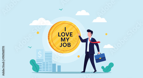 Happy businessman in a suit holding a massive golden coin with the text I love my job in a bright sunny city landscape.
