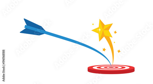 Blue arrow and golden star both hitting the center of a red target bullseye simultaneously representing multiple goal achievements.