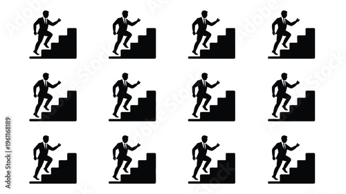 Bundle of business success concept icons showing people climbing stairs to success in various stages symbolizing career growth and professional development
