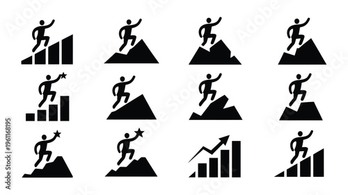 Business growth and success concept with silhouette icons of people climbing graphs and mountains
