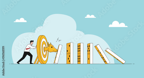 Businessman uses a golden bull head through a target to successfully halt a row of falling dominoes in a blue sky background.