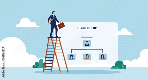 Career businessman stands on top of a tall ladder to observe a leadership organizational chart with team members.