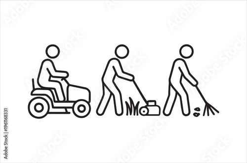 Line drawing depicts three figures a person in a wheelchair and two people with brooms