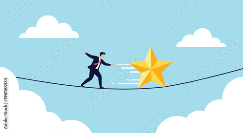 Brave businessman walks carefully across a high tightrope to reach a giant glowing yellow star in the blue sky.