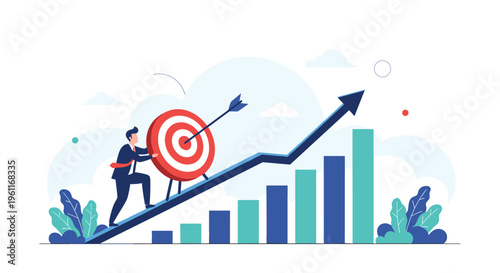 Ambitious professional pushes a red target bullseye up a rising financial bar chart and growth arrow to reach goals.