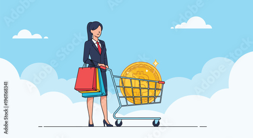 Professional woman in a business suit pushes a shopping cart with a large bitcoin coin and several shopping bags.