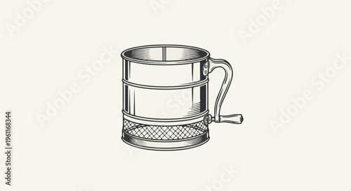Vintage crank sifter, a baking tool with a mesh bottom and handle