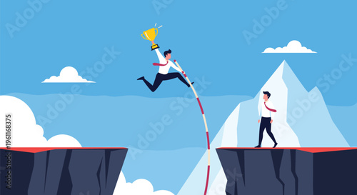 Skilled businessman pole vaults over a deep mountain cliff gap while holding a golden trophy to represent success.