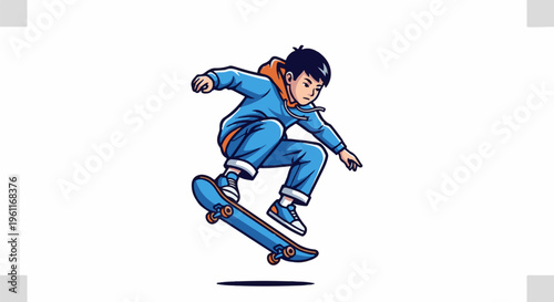 Young person in blue hoodie performs skateboard trick mid-air