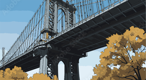 View of a suspension bridge's steel structure and autumn foliage