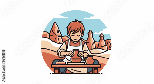 Young potter shapes clay on wheel amidst unique rock formations