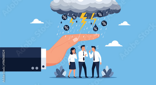Large protective hand shields a group of professional businesspeople from a stormy rain of percentage signs and lightning.