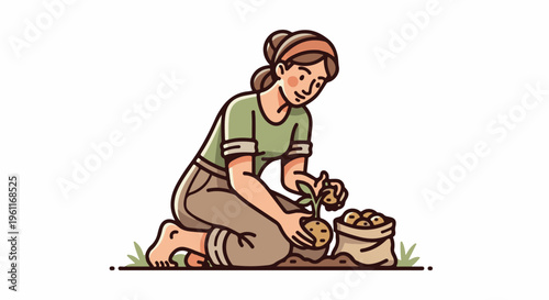 Woman planting potato sprout in soil next to bag of potatoes