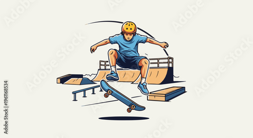 Young skateboarder performs aerial trick over ramps and rails in park