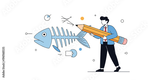 Creative businessman uses a large pencil to sketch a fishbone diagram as a helpful tool for root cause analysis.