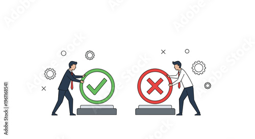 Two professional men push large circular symbols representing correct and incorrect or yes and no choices in business.