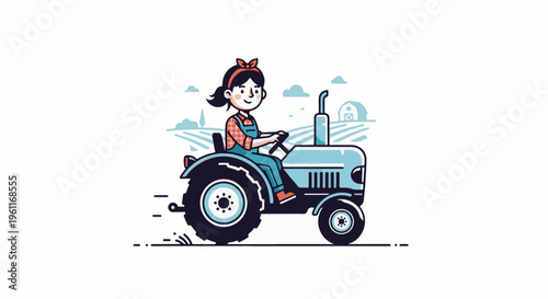 Young woman happily drives a light blue tractor through a stylized farm field