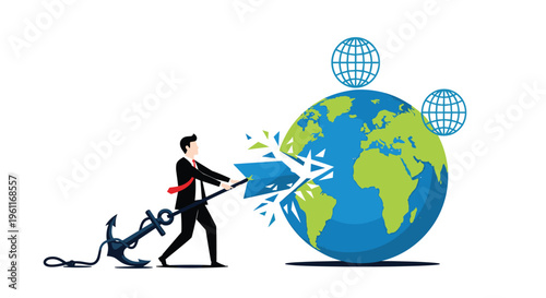 Hardworking businessman uses a large metal anchor to try and stop or secure a big world globe from breaking apart.