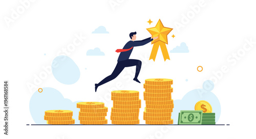 Determined businessman leaps across tall stacks of golden coins to reach a large star award with yellow ribbons.