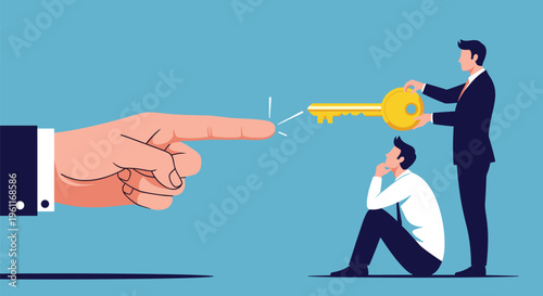 Large hand points toward a seated thinker and a standing man holding a golden key symbolizing guidance to solutions.