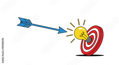 Precise blue arrow strikes the center of a red circular target which is capped with a glowing yellow light bulb.