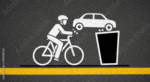 White chalk illustration on asphalt depicts a cyclist and a car near a hazard sign