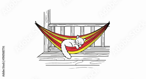 White cat sleeps peacefully in a red and yellow striped hammock