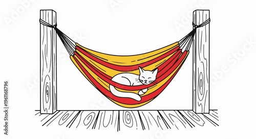 White cat sleeping in a red and yellow striped hammock between wooden posts