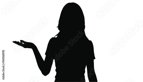 Dark silhouette of a woman gesturing toward the side with an open palm presenting something invisible on.