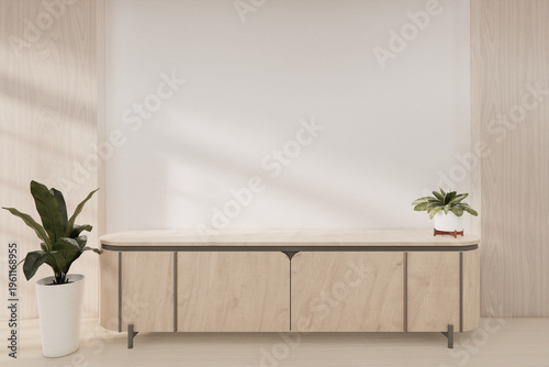 Mock up Cabinet Tv on wooden wall panel design , plants and decortion on wood floor .3D rendering