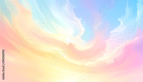 Pastel sky with swirling clouds, blending soft hues of yellow, orange, pink and blue