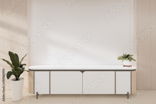 Mock up Cabinet Tv on wooden wall panel design , plants and decortion on wood floor .3D rendering