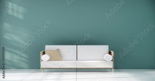 Mint concept mock up Living room modern japandi style with mini sofa and partition wall, room ties white floor, interior white tone.3D rendering
