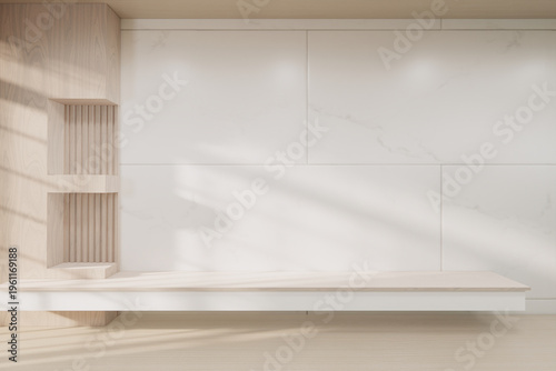 Floating Shelf on room The Serene Nook room Minimalist Zen Living on white room and Wooden Feature Wall.3D rendering