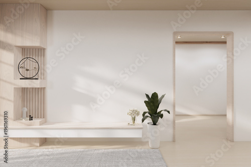 Floating Shelf on room The Serene Nook room Minimalist Zen Living on white room and Wooden Feature Wall.3D rendering