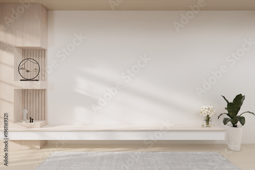 Floating Shelf on room The Serene Nook room Minimalist Zen Living on white room and Wooden Feature Wall.3D rendering