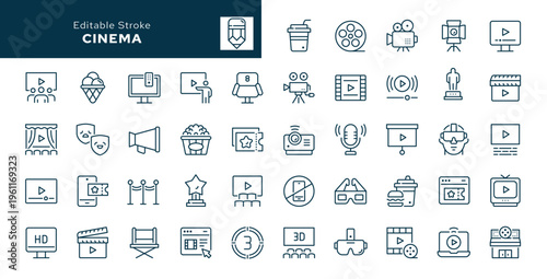 Cinema. Set of outline icons. Film strip, video, movie, show, screen, filming, cinema hall, ticket, camera and more. Line icon in linear style. Vector collection