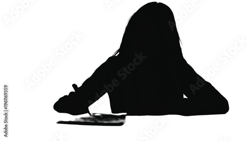 Stylized dark outline of a person with long hair writing or drawing on a surface with a tool.