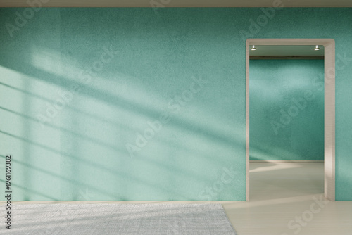 Mint color room Mock up interior room and wood white color wall background 3D illustration rendering