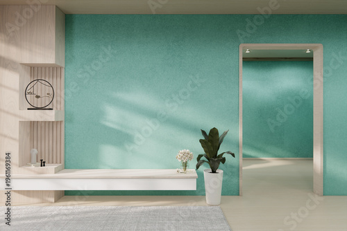 Floating Shelf on room The Serene Nook room Minimalist Zen Living on mint room and Wooden Feature Wall.3D rendering