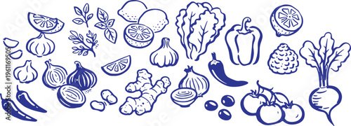 A collection of various vegetables and fruits in a simple line drawing style