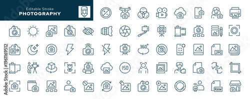 Photography. Set of outline icons. Camera, photo, filming, film, photographer, shooting. Line icon in linear style. Vector collection	
