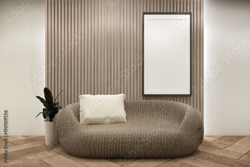 living room has arm chair, Mock up carpet on wooden floor on white wall with plants and wall wooden design decoration.3D rendering