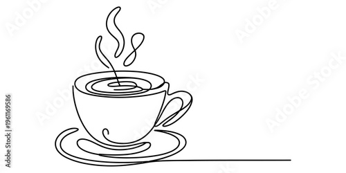 Continuous line drawing of a steaming hot coffee cup on a saucer with a white background Vector, illustration