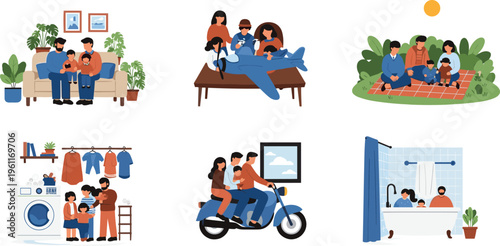 Family Daily Life Scenes Set with Parents and Children at Home, Picnic, Laundry, Bathroom, and Travel Moments Cartoon Vector Illustration