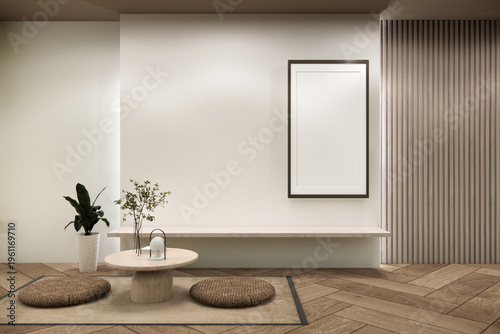 Modern Zen Interior Visualization low table and decoration on minimal Japandi room japan style.3D rendering